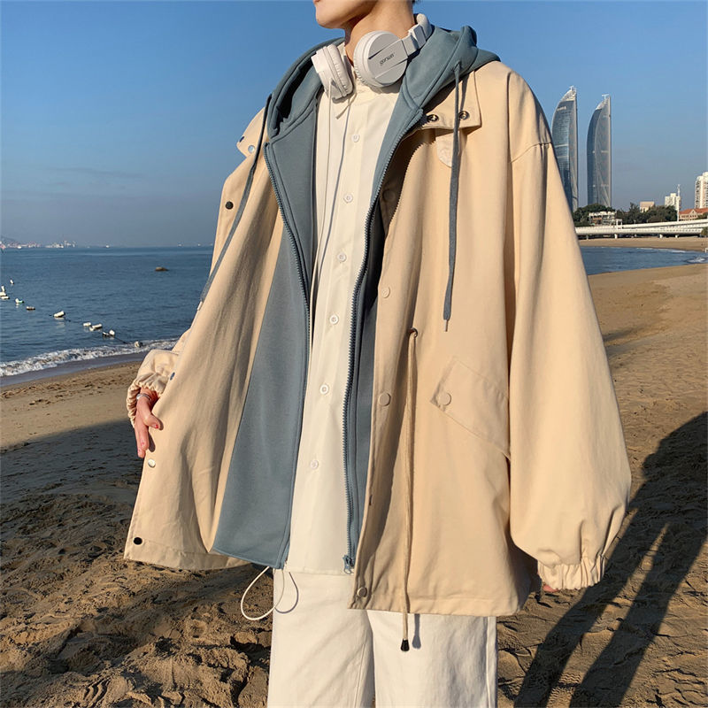 Fake two-piece jacket men's spring and autumn new Hong Kong trend brand tooling casual trend loose jacket tops