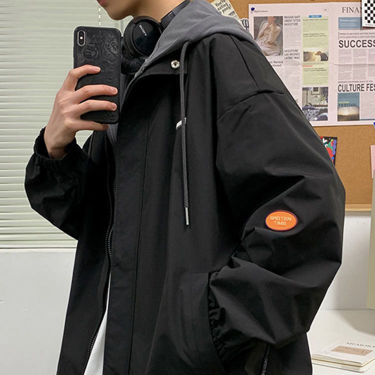 Fake two-piece stitching jacket fat ins ruffian handsome hooded jacket male spring and autumn Korean version large size loose student clothes