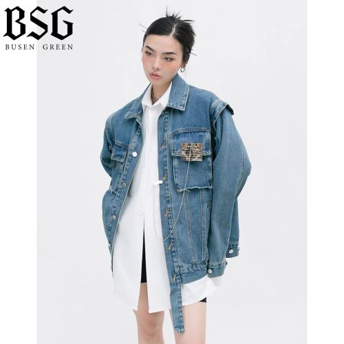 BSG retro loose label deconstructed denim jacket men and women spring and autumn three-dimensional asymmetric splicing jacket tops