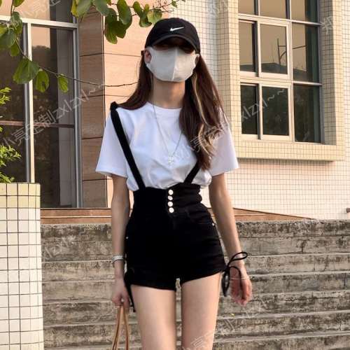 Summer new net red same style small fragrance  single-breasted side drawstring high waist overalls denim shorts women