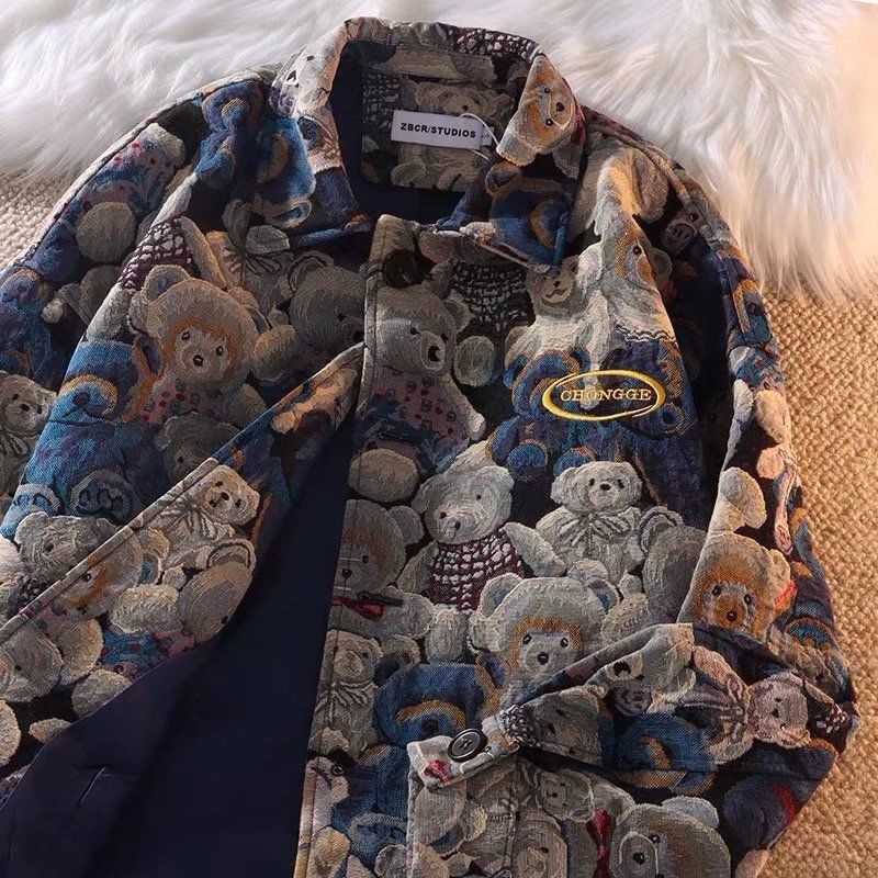 American retro street tide brand jacket men and women ins tide bear early autumn plus size jacket fat loose baseball uniform