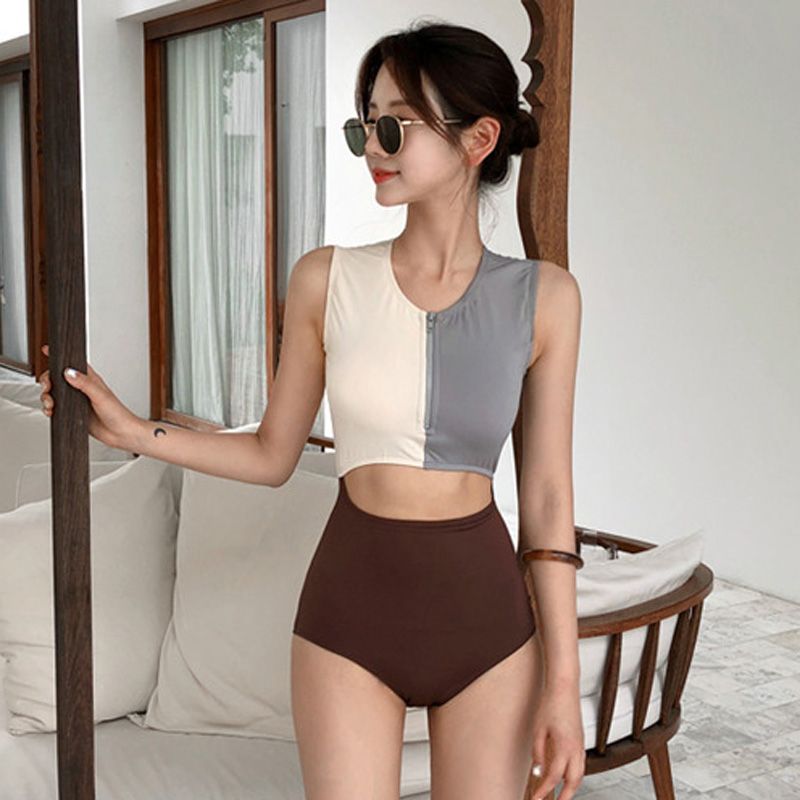 South Korea's new retro contrast color gathered zipper vest sexy hollow high waist cover belly slim one-piece swimsuit women