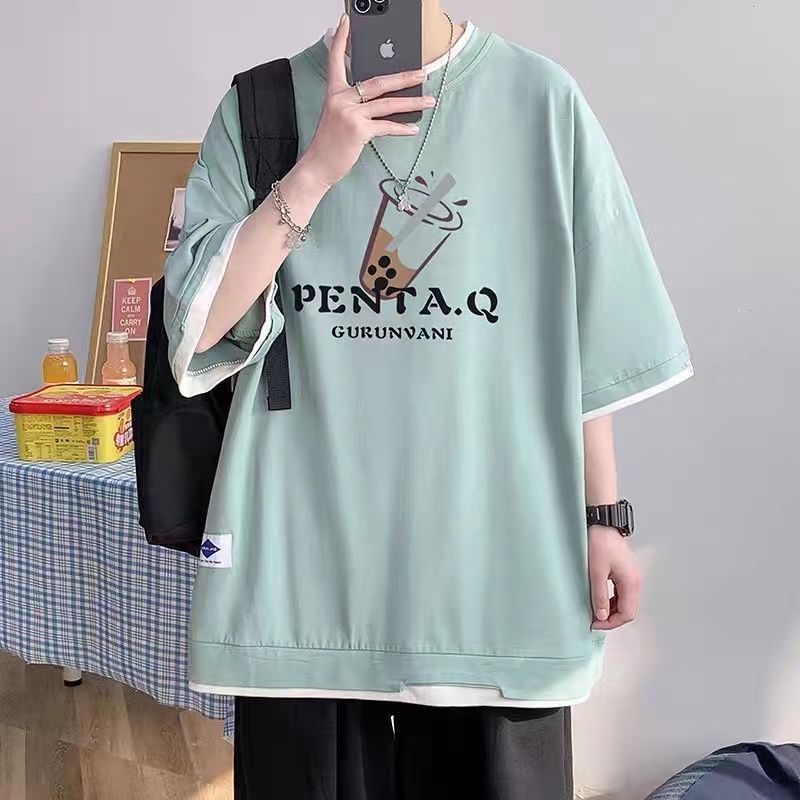 Summer fake two-piece short-sleeved t-shirt men's Hong Kong style trend ins plus fat plus size top loose and versatile five-point sleeve women
