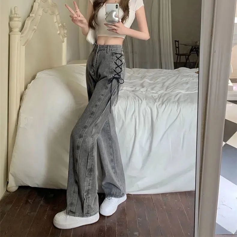 Pants women mopping smoke gray jeans autumn Korean version 2023 new design sense strap wide-leg trousers ins