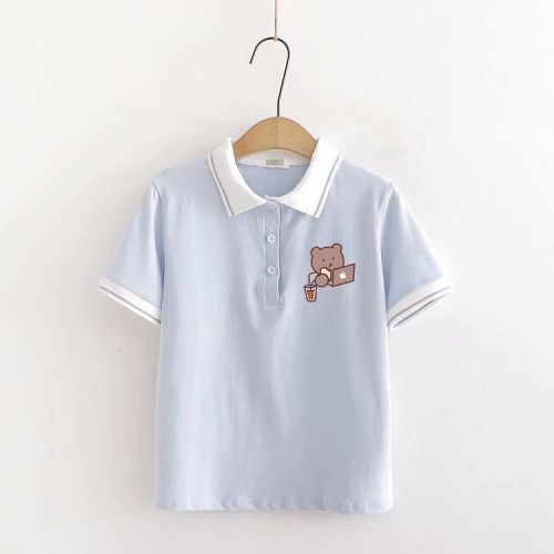 Polo shirt short-sleeved t-shirt female summer new girl student cute cartoon print lapel all-match top