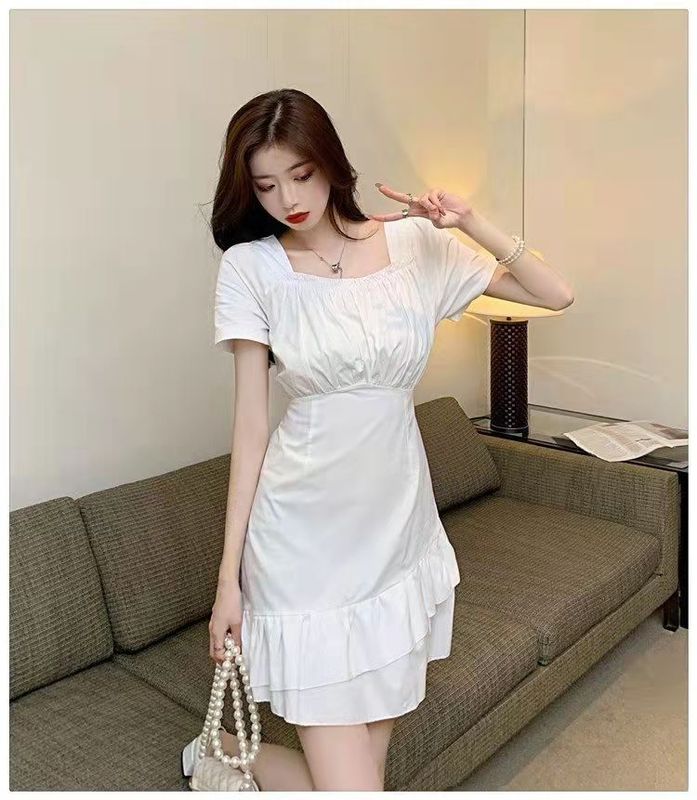 Spring and summer fairy French style thin irregular square collar ruffled dress waist fishtail short skirt student girl tide