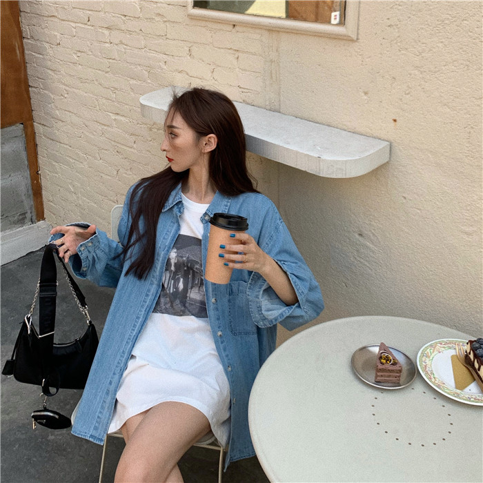 Real price Lazy loose long-sleeved denim mid-length shirt