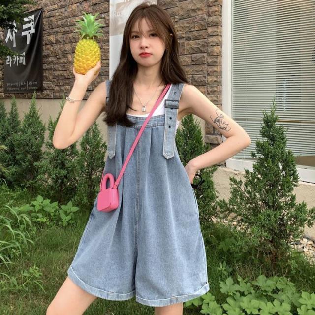 Large size fat mm age-reducing denim bib shorts women's spring and summer new loose all-match slim wide-leg straight-leg pants