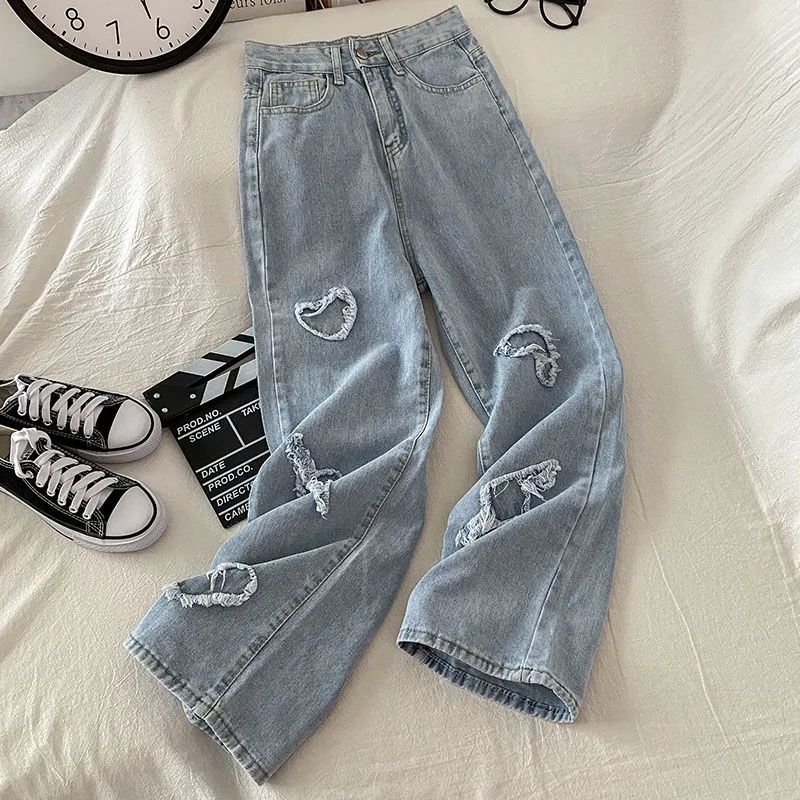 Blue love jeans women's spring and autumn new high-waist design sense niche all-match loose straight wide-leg trousers trendy