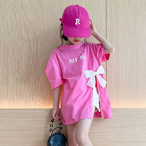 Girls t-shirt short-sleeved summer new little girl bow top fashion sweet slit children's cotton t summer trend