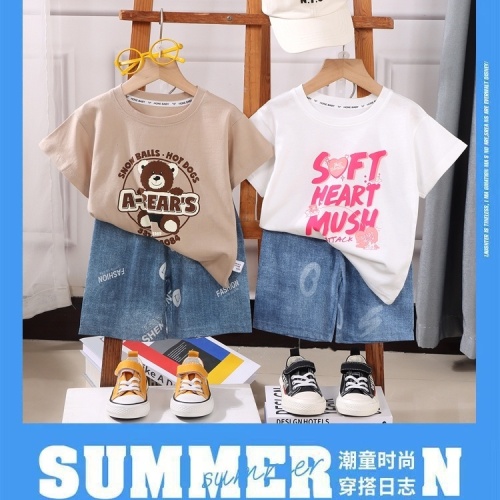 2023 new children's summer five-point shorts suit cartoon animation suit Korean two-piece fashion trendy style