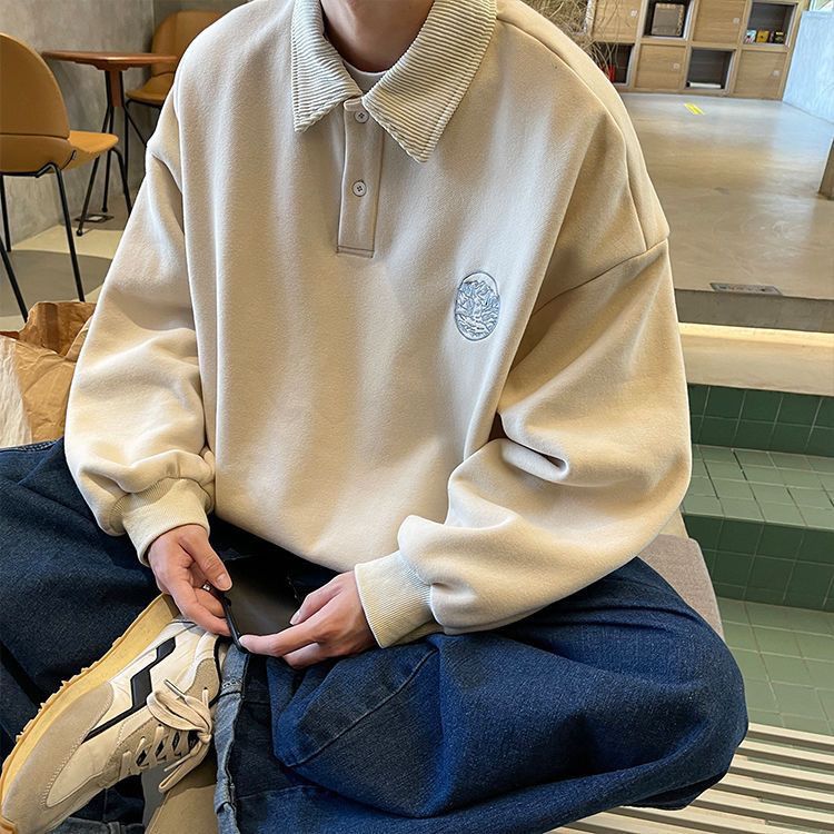 Autumn and winter new sweater men's personalized retro polo shirt all-match Harajuku style handsome vibe style long-sleeved top tide
