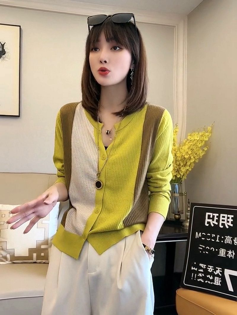Early autumn new design sense color matching knitted sweater long-sleeved V-neck single-breasted cardigan jacket jacket women's thin
