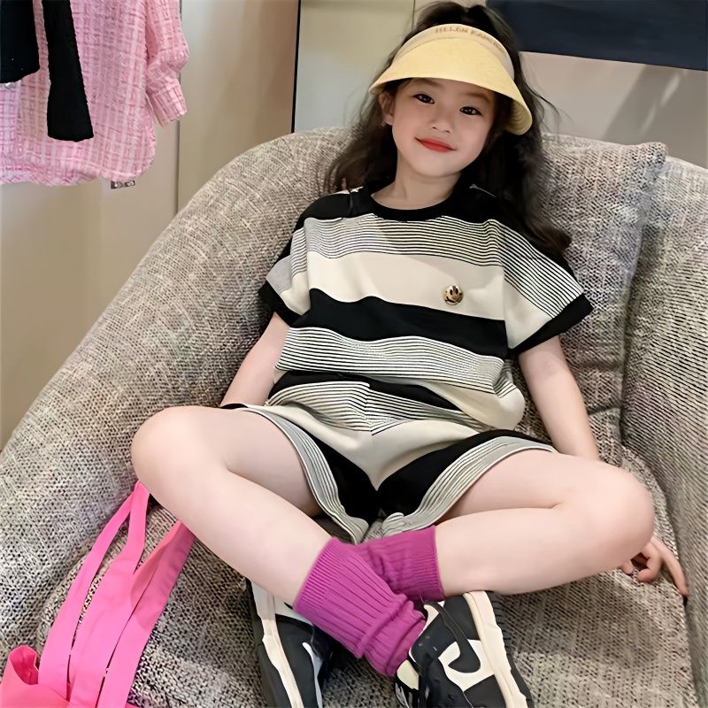 Summer dress girls' suit summer foreign style fashionable ins trend a complete set of pure cotton two-piece suit 6--12 years old middle-aged and older children
