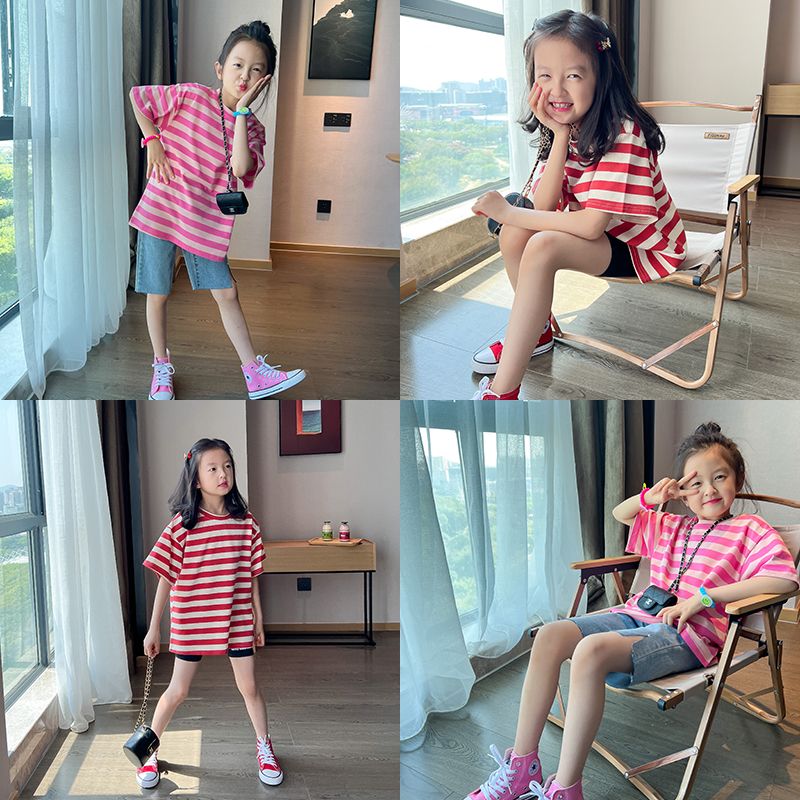 Girls' all-match striped short-sleeved T-shirt 2023 summer new children's foreign style mid-length top T skirt denim shorts
