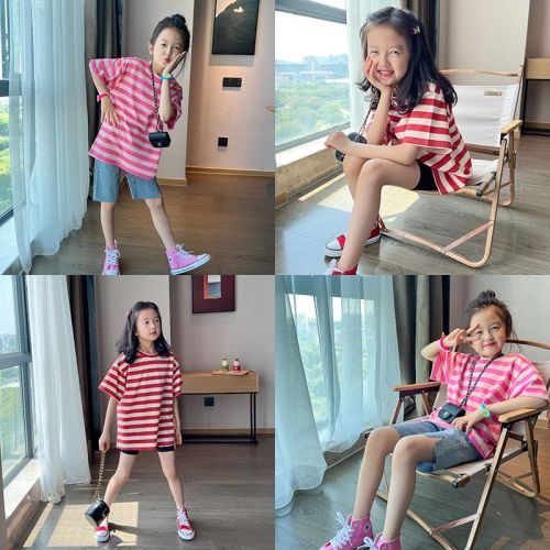 Girls' all-match striped short-sleeved T-shirt  summer new children's foreign style mid-length top T skirt denim shorts