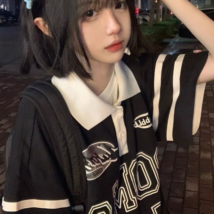 American retro niche polo shirt short-sleeved t-shirt women summer loose ins tide oversize half-sleeve all-match top women