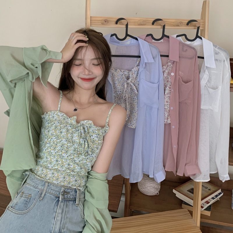 Thin long-sleeved cardigan sunscreen shirt summer new top female floral inner wear small camisole