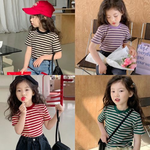 Girls spring clothes  new Korean version of foreign style baby striped bottoming shirt children's short-sleeved t-shirt