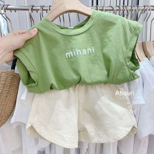 Children's suit foreign style pure cotton children's baby printed letters loose t-shirt tops shorts 2022 summer two-piece set