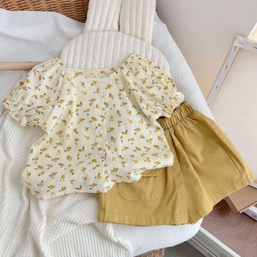 Girls suit summer new Korean version of the baby girl summer net red foreign style girls summer floral shirt suit trendy