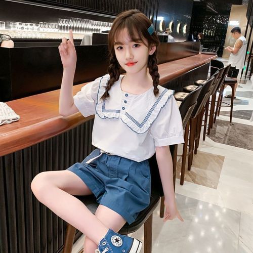 Girls' summer shorts suit 2021 new middle and big children's net red foreign style girl fashionable princess style summer two-piece set