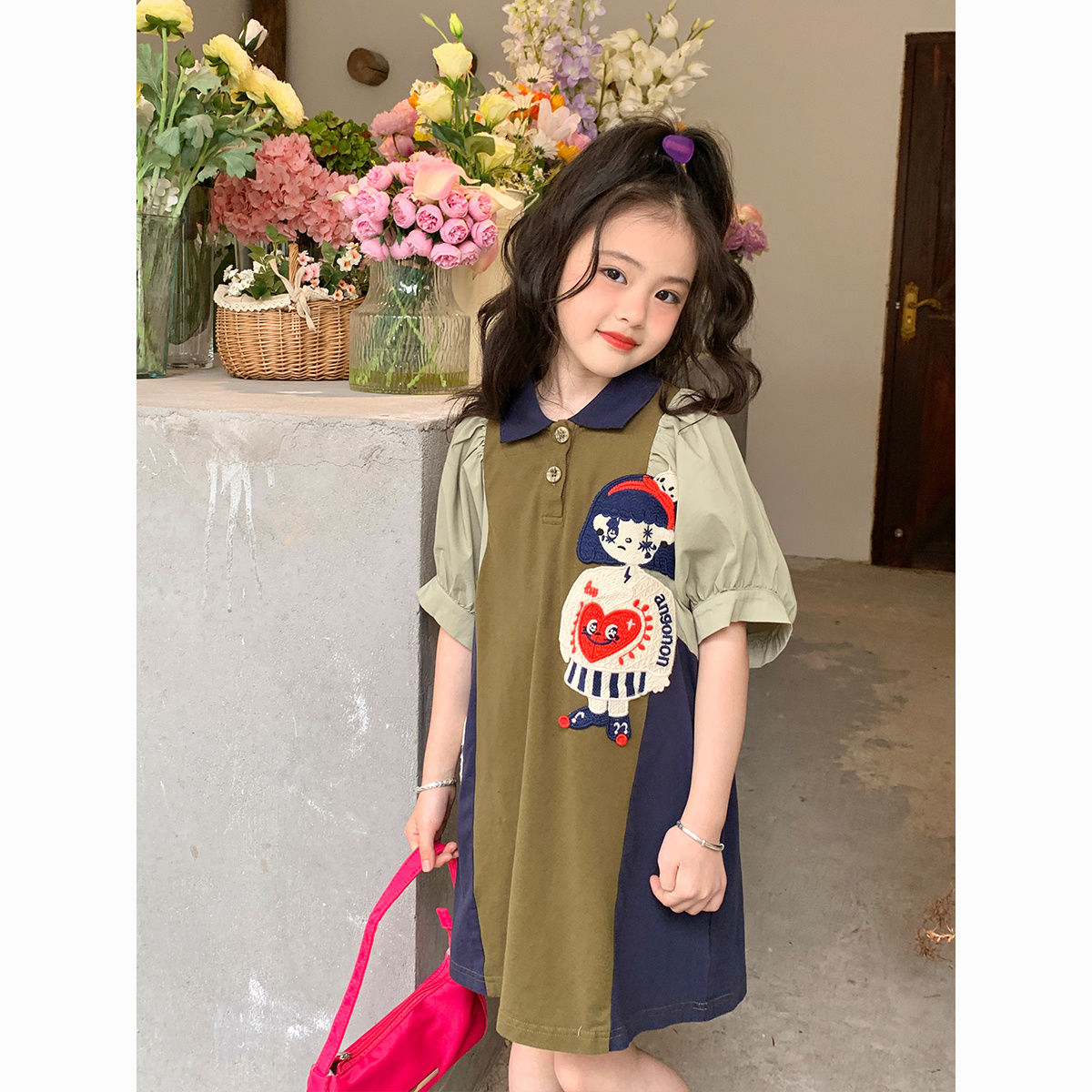 Girls' new summer dress POLO collar contrast color dress 2023 summer short-sleeved children's Korean version T-shirt skirt straight skirt