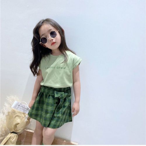 Girls summer suit new Korean version of the baby girl foreign style vest solid color t-shirt + girl plaid skirt pants trendy
