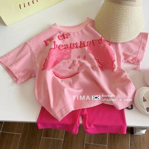 Ins style Korean children's clothing girls summer suit foreign style baby pink short-sleeved t-shirt shorts children's two-piece tide