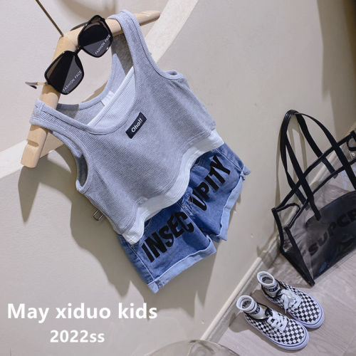 Children's clothing 2022 summer clothing girls Ou Faner fashionable all-match fake two-piece design labeling elements cold elastic vest