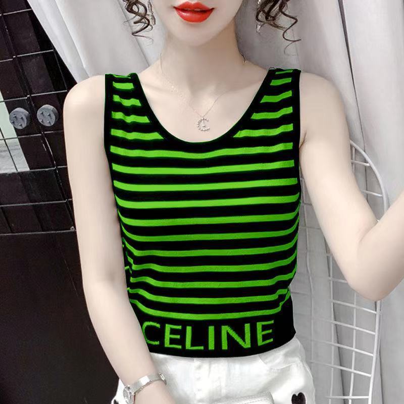 Summer new fashion letter stripe sleeveless ice silk camisole all-match slim bottoming top