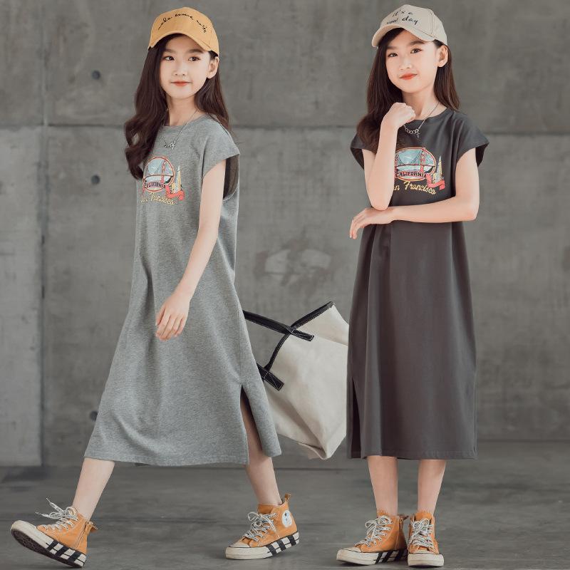 Parent-child children's loose casual long skirt summer children's short-sleeved straight skirt children's Korean version of the t-shirt dress