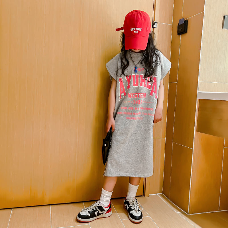 22 girls' net red foreign style children's cotton t-shirt long skirt summer dress middle and big children's summer dress princess dress tide