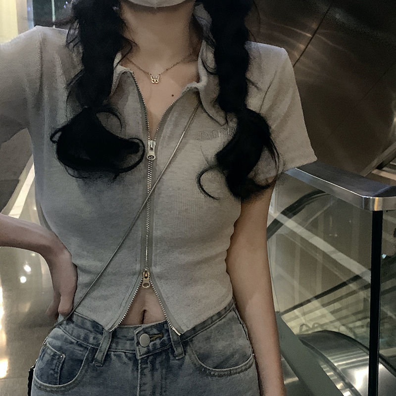 Gray polo collar short section navel T-shirt female summer design hot girl zipper short-sleeved top ins bottoming shirt tide