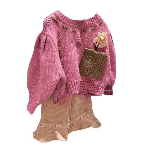 Girls pink knitted sweater spring and autumn new children's baby foreign style cardigan coat girl clothes