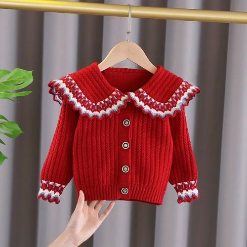 Girls large lapel knitted cardigan autumn and winter new foreign style children's clothing children's sweater children's doll collar top