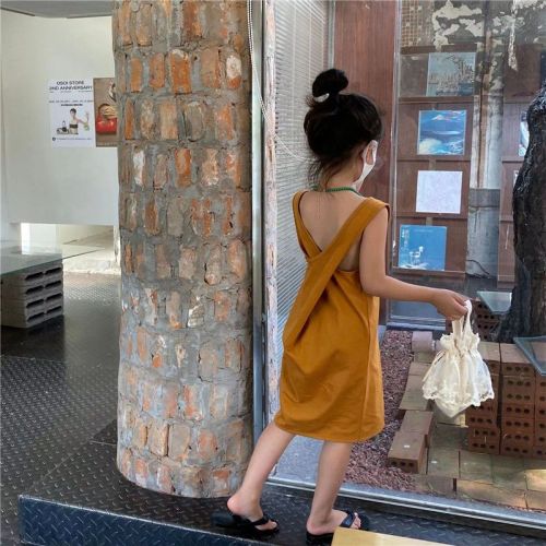 Summer girls Korean version of fried street pumpkin color vest skirt female treasure design sense back cross suspender skirt dress trendy