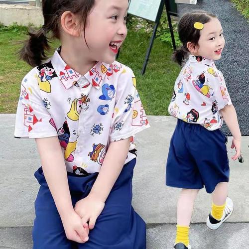 Girls summer suit 2022 new Korean version of children's short-sleeved cartoon flower shirt thin section baby loose shorts