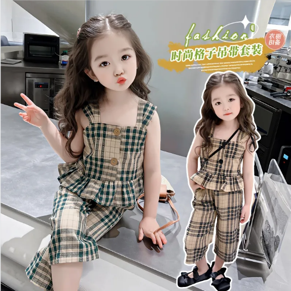Girls Western Style Plaid Suit Korea 2023 Summer Baby Cotton Small Camisole Casual Pants Two-piece Set