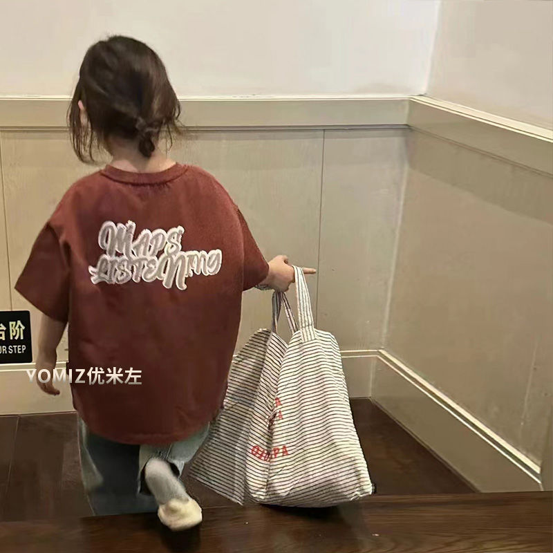 Korean children's clothing girls' short-sleeved loose 2023 spring and summer children's Korean version of Hong Kong style retro style casual T-shirt top tide