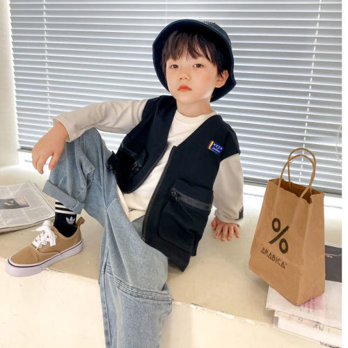2023 New Boys Workwear Wind Vest Children's Spring and Autumn Wear Outerwear Korean Style Western Style Boy Baby Vest Trend
