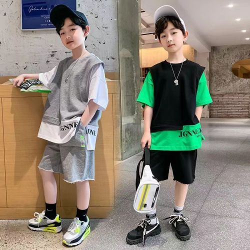 Boys' summer suit  new children's clothing summer short-sleeved middle-aged boy handsome sports fake two-piece Korean style trendy