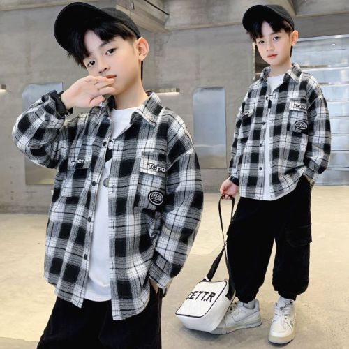 Boys fried street shirt spring and autumn new children's spring and autumn long-sleeved plaid shirt big boy foreign style jacket