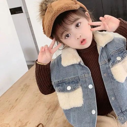 Boys and girls autumn and winter style denim vest children's baby coat plus velvet foreign style outerwear vest vest tide