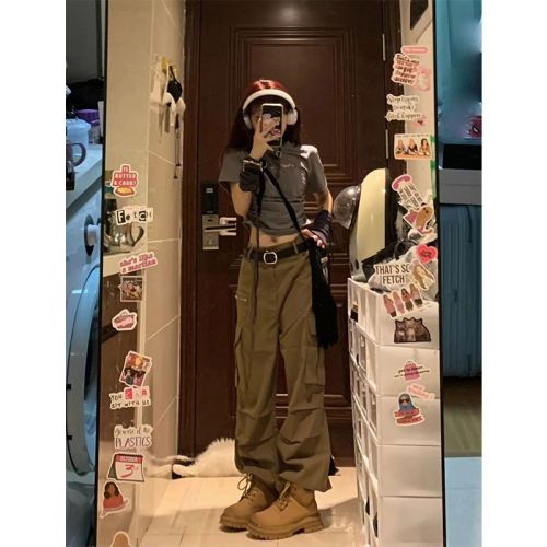 American retro overalls for men and women summer slim loose straight casual pants Hong Kong style solid color all-match wide-leg pants