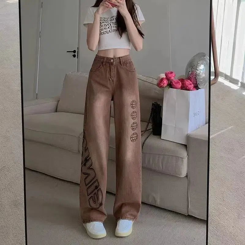 European and American style brown printed jeans women's new high waist loose slim wide leg straight long trousers vibe high street