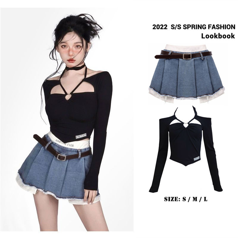 Anti-lost hot girl denim skirt long legs secret fake two-piece miniskirt pleated skirt + hollow strap love top