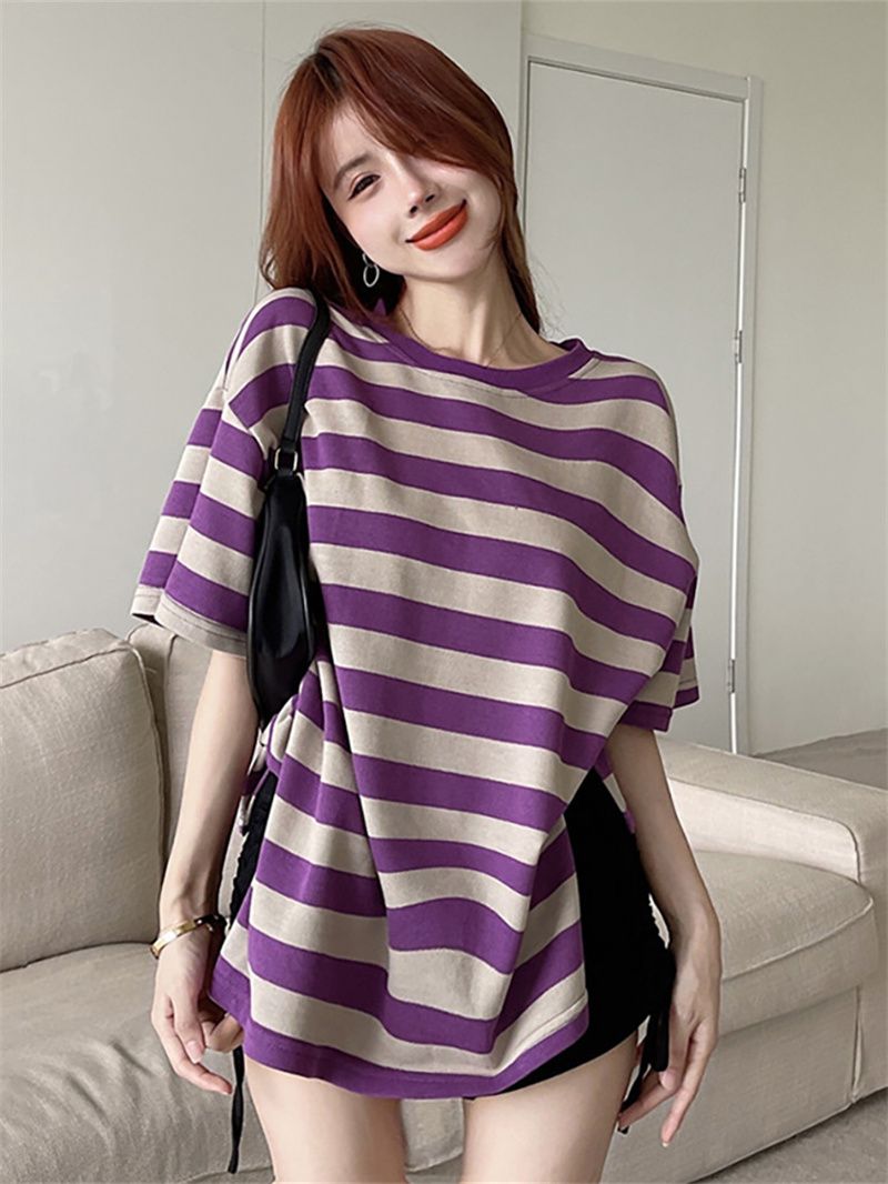 Purple slit thin T-shirt loose casual simple striped short-sleeved T-shirt women's large size mid-length summer