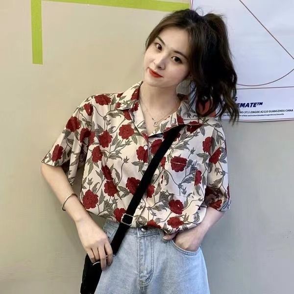 Korean version of the Hong Kong style loose shirt short-sleeved female students retro printed chiffon shirt niche design sense of sun protection clothing tide