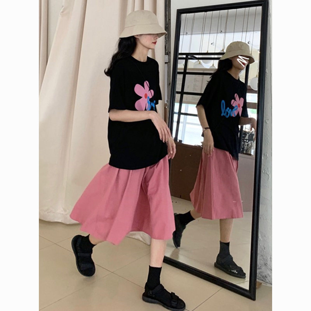 Tea wear a complete set of 2023 summer suit female net red loose short-sleeved T-shirt high waist skirt two-piece set